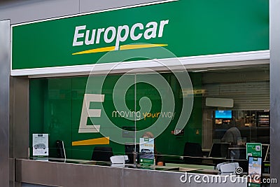 Rental car company Europcar counter in airpot, Tenerife Editorial Stock Photo