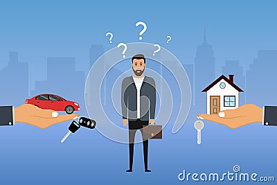 Man makes a choice between a car and a house. Businessman chooses investing options. Buyer decides what to buy. Vector Vector Illustration