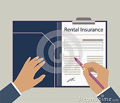 Rental insurance document with hand and pen. Vector Illustration
