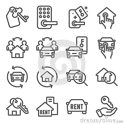 Rental Real Estate Auto Mobil icons set vector illustration. Contains such icon as Car rental, Key card and more. Expanded Stroke Vector Illustration