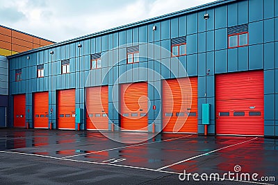 Rental units of self storage facilities, vibrant colors, industrial garage exterior Stock Photo