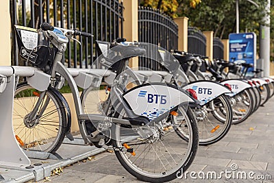 Rentals bicycles vtb in the parking lot in the city. Moscow, Russia, 09/30/2020 Editorial Stock Photo