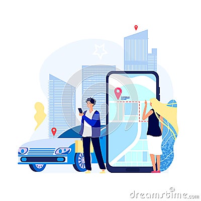 Renting cars concept. Car rent app carshare transport payment with smartphone auto driver sharing taxi search vector Vector Illustration