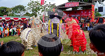 Reog art, lion dance and cultural performances at the Muntok city healthy walk festival during the day Editorial Stock Photo