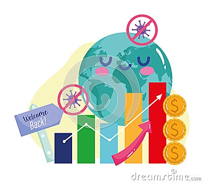 Reopening cartoon world welcome economy money growth chart Vector Illustration