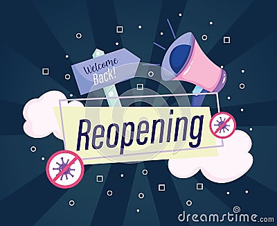 Reopening megaphone marketing announce welcome back banner Vector Illustration