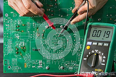 Repair of a backup power supply in the service center Stock Photo