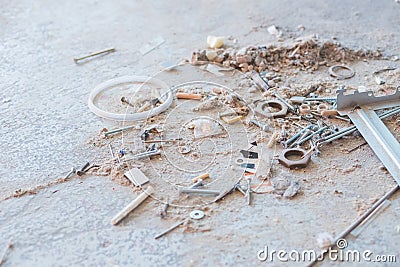 Repair and building a house. Construction tools, wallpaper of various construction debris, a pile of concrete stones Stock Photo
