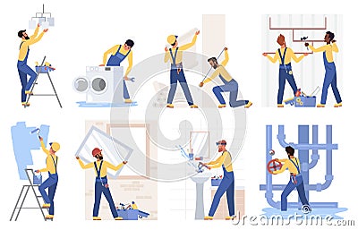 Repair construction service set, man fixing plumbing, repairing pipe, repairman working Vector Illustration