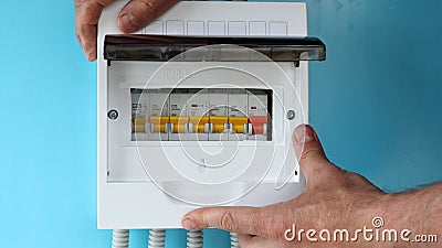Electrical Installation work of installing consumer unit. Stock Photo