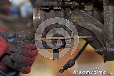 Repair disc brake - hand brake, which have been replaced in the Stock Photo