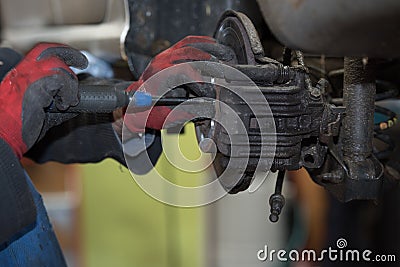 Repair disc brake - hand brake, which have been replaced in the w Stock Photo