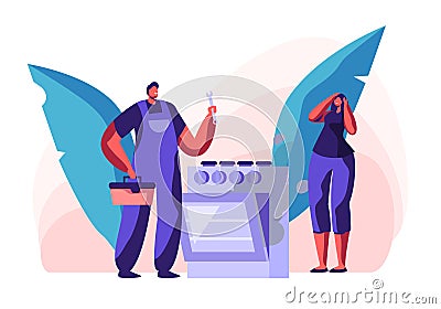 Repair Home Technics Service. Man Electrician in Uniform Holding Wrench for Fixing Broken Oven for Customer. Husband for Hour Vector Illustration