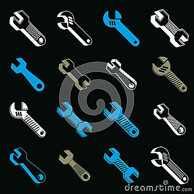 Repair instruments collection, 3d tools, wrenches and adjustable Vector Illustration