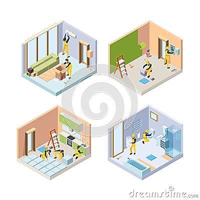 Repair isometric. Renovate floor painting walls repair bathroom house rooms vector illustrations people Vector Illustration