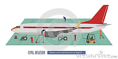 Repair and maintenance of aircraft. Airplane and working in the Vector Illustration