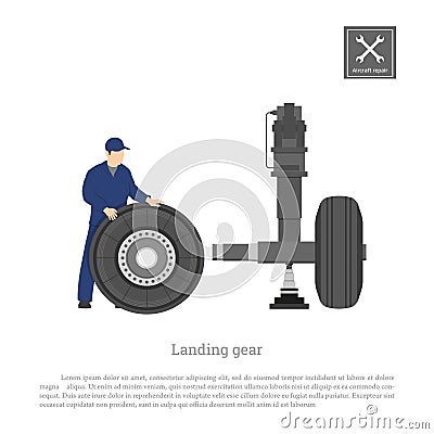 Repair and maintenance of aircraft. Engineer fix wheel on landing gear of airplane. Industrial drawing in a flat style Vector Illustration