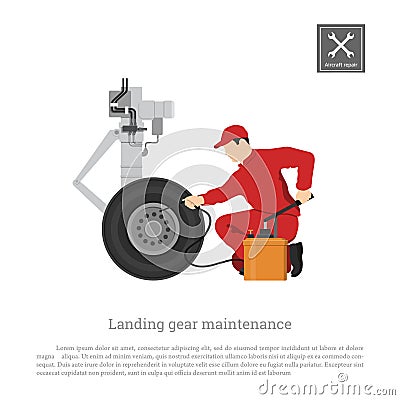 Repair and maintenance of aircraft. Engineer with hand pump for landing gear. Industrial drawing of plane part Vector Illustration