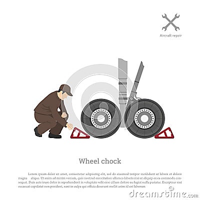 Repair and maintenance of aircraft. The mechanic puts a wheel ch Vector Illustration