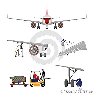 Repair and maintenance of aircraft . Set of aircraft parts in fl Cartoon Illustration