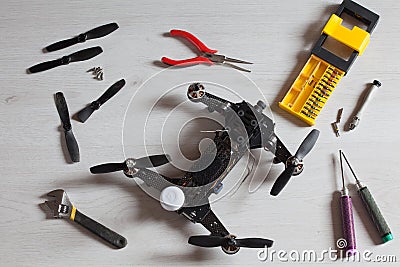 Repair maintenance drone, screws, screwdriver, tools, propellers Stock Photo