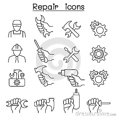 Repair, Maintenance, Service, Support icon set in thin line style Vector Illustration