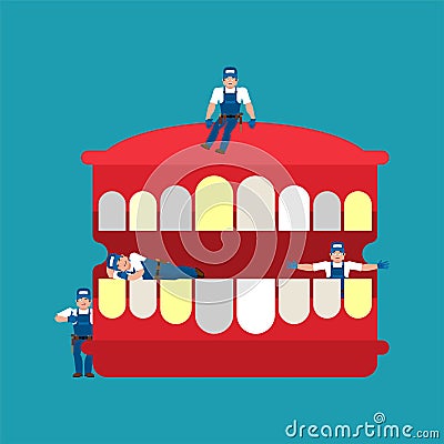 Repair and maintenance Teeth. miniature workers and Mouth. Dentist service. repairs team is repairing Tooth Vector Illustration