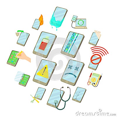 Repair phones fix icons set, cartoon style Vector Illustration