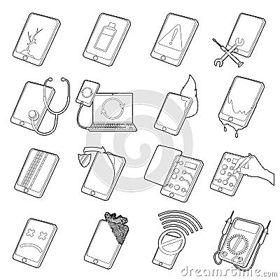 Repair phones fix icons set, outline style Vector Illustration