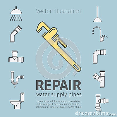 Repair, plumbing work, plumbing systems, plumber tool, sewage. Thin line icon set. Vector Illustration