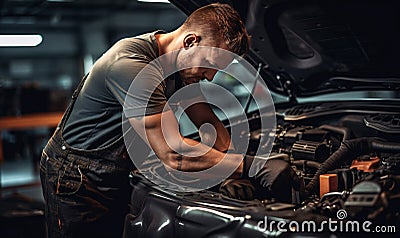 Repair service. Auto mechanic working on car in mechanics garage. Stock Photo