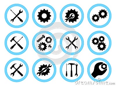 Repair service concept. Simple icons set: wrench, screwdriver, hammer and gear. Services icon or button on Vector Illustration