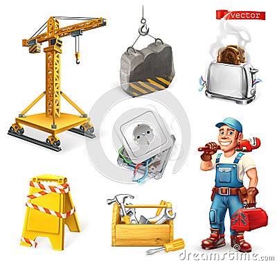Repair and service. Crane, socket, tools, worker. 3d vector icon set Vector Illustration
