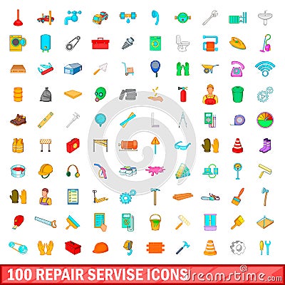 100 repair service icons set, cartoon style Vector Illustration