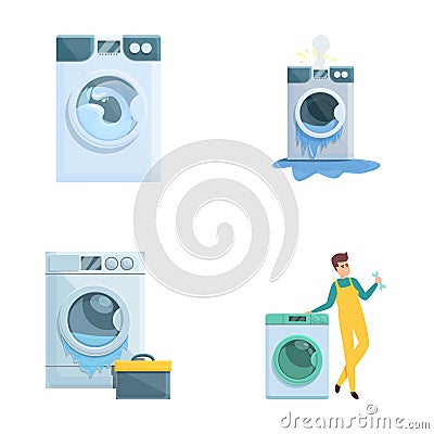 Repair service icons set cartoon vector. Broken washing machine and repairman Vector Illustration