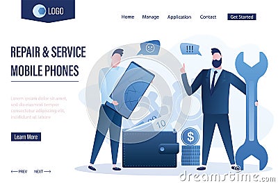 Repair and service mobile phones landing page template. User holding phone with cracks on the screen, businessman with wrench Vector Illustration