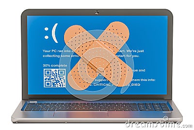 Repair and service of notebook concept. Laptop with adhesive Stock Photo