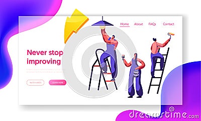 Repair Service Professional Worker Landing Page. Workman on Ladder Change Light Bulb, Paint Wall Brush and Roller . Renovation Vector Illustration