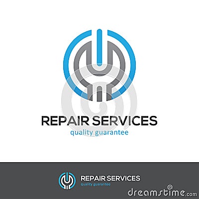 Repair services logo with wrench and power button Vector Illustration