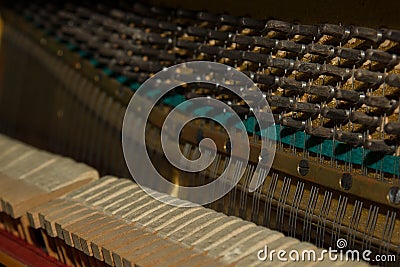 Repair of a stringed musical instrument. The interior of a piano with brass metal strings and a wooden mallet. Old Stock Photo