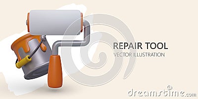 Repair tool kit concept. 3d realistic bucket with orange paint and roller Vector Illustration