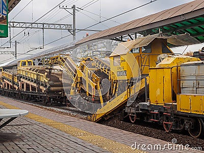 Repair train near the railway station. Russia, Moscow, October 2017. Editorial Stock Photo