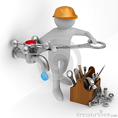 Repair water tap. 3D Cartoon Illustration