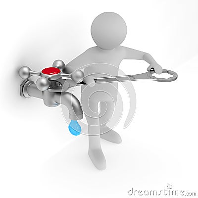 Repair water tap. Isolated 3D Cartoon Illustration