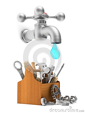 Repair water tap. Isolated 3D Cartoon Illustration