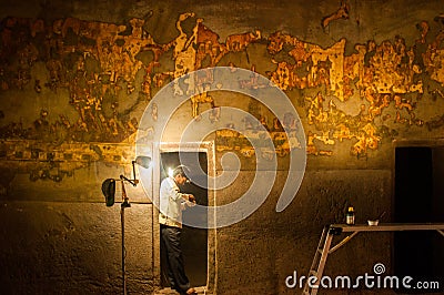 Repair work in Ajanta Caves Editorial Stock Photo