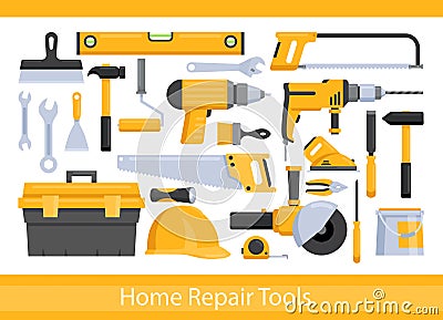 Repair worker tools set, yellow hand instrument equipment for work on construction Cartoon Illustration