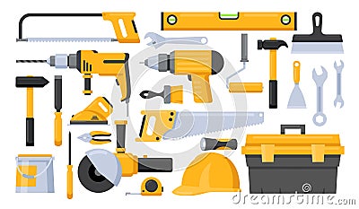 Repair worker tools vector illustration set. Cartoon yellow hand instrument equipment for work on construction home Vector Illustration