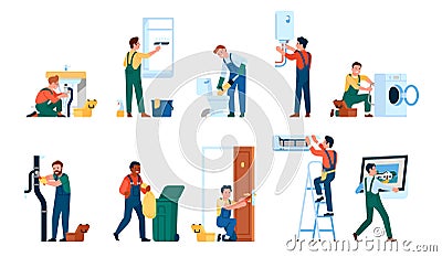 Repair workers. Professional craftsmen eliminate malfunctions household appliances and sanitary units. Cartoon builders Vector Illustration