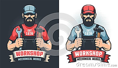 Repair workshop retro logo with handyman and tools Vector Illustration